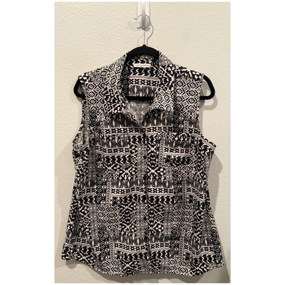 NOTATIONS Sleeveless Button Up Black White Geometric Tribal Blouse